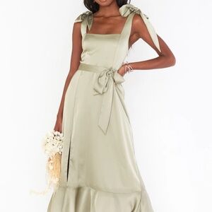 Show Me Your Mumu Claire Midi Dress Moss Green Luxe Satin